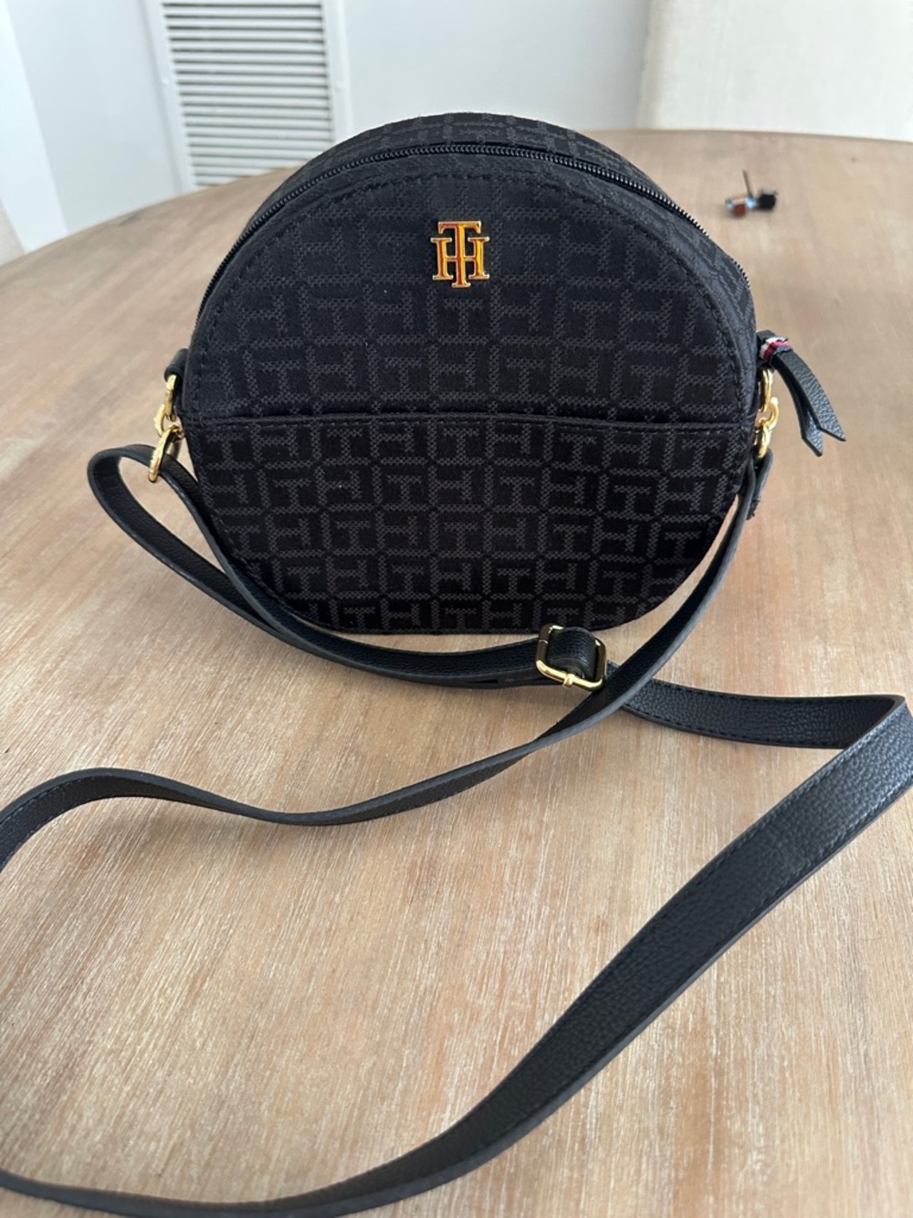 Tommy Hilfiger Black Monogram Round Crossbody with Gold Hardware